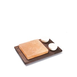 Bisetti Square Salt Stone Cooking Plate Beech Wood Base In a Wenge Finish with 2 Porcelain Bowls, 7.9" x 7.9", Pink