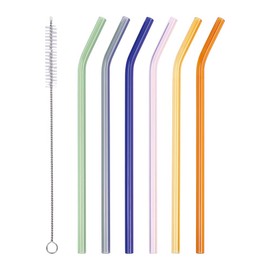 AMZSOCKETS Reusable Glass Straws - 9" L x 8 mm W - Smoothie Drinking Straws for Smoothie, Milkshakes, Pack of 6 with 1 Cleaning Brush (mix1)