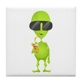 Tile Coaster (Set 4) Little Green Alien Sipping a Drink