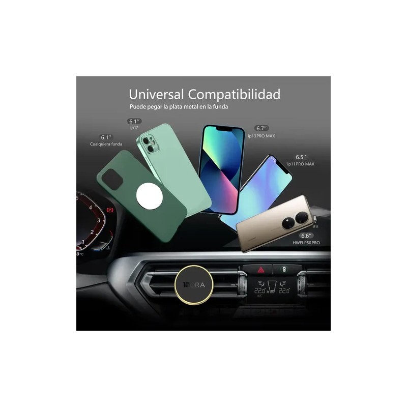 Soporte Magnético Universal para Auto Negro 1HORA,Compatible iPhoneSamsungMotorolaAndroid,Incluye Placa,Se Fija