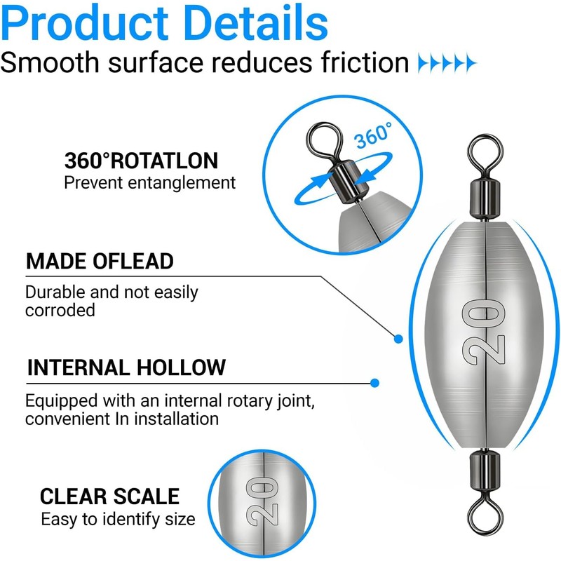 Inline Trolling Weights with Swivel Anti-Twist Egg Sinker Design