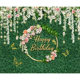 Greenery Greenery Happy Birthday Backdrop for Women Girls Caaerttply Green Grass Wall with Flower Birthday Photography Backdrop 10x8ft Sweet Girl Birthday Party Photoshoot Background Banner Decoration