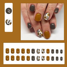 24 Pcs Brown Press on Nails Short Square - YEFIUO White Ombre Fake Nails Press ons French Fall Nail Art Tip Full Cover Acrylic False Nails Glue on Nails Kit with Fall Leaves Flowers Design for Women