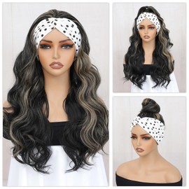 xccoco Headband Wig Black Wigs with Blonde Highlight Headband Wigs for Black Women Put on and Go Glueless Wig Body Wave Synthetic Curly Wig with Headband,24inch