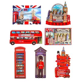 Set of 7 Wooden Magnets for Refrigerator London England Famous Icons Pictures Wooden Fridge Magnets