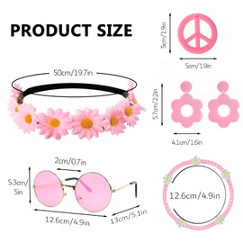 HyperFun Hippie Costume Accessories Set Peace Sign Necklace Sunglasses Flower Headband Earrings For 60s 70s Outfit Party Women