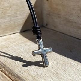 Small Gold Hammered Cross Necklace - Religious Jewelry, Mens Faith, Catholic Women, Men Gifts, Protect Us, Father Christmas Gift, Best Friend (Silver)