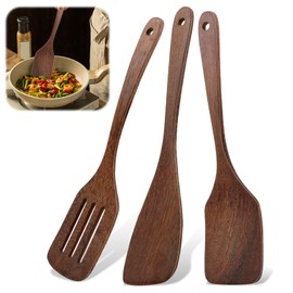 Set of 3 Wooden Spatulas, Kitchen Spatula Set, Wooden Spatula for Cooking, Wooden Spatula, Kitchen with Grain, Long Handle, Non-Stick Wooden Spatula for Wok Pan with Non-Stick Coating