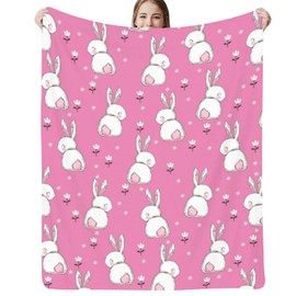 Easter Bunny and Flower Throw Blanket Spring Cute Rabbit Lightweight Flannel Fuzzy Cozy Soft Throw Blanket for Living Room Bedroom Couch Bed Sofa for Boys and Girls 50x60 Inch, Pink White