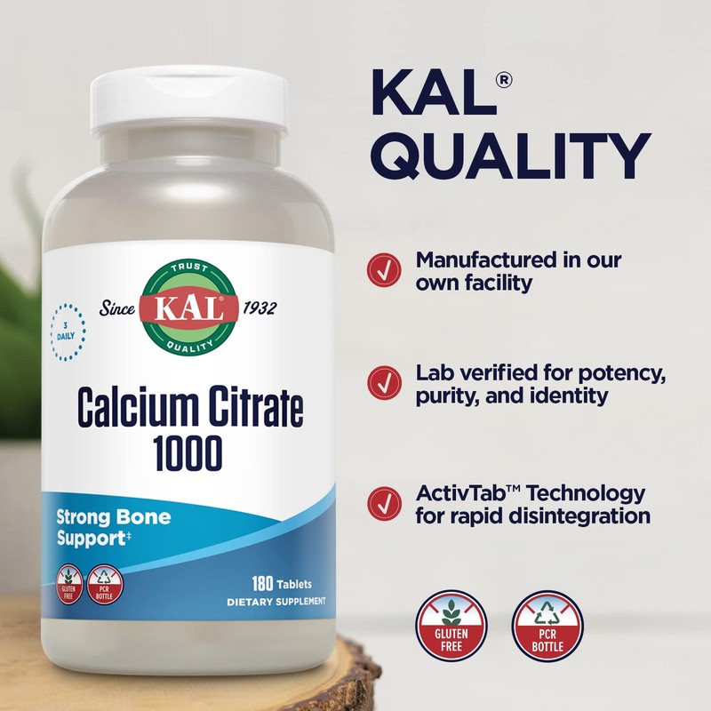 KAL Calcium Citrate 1000mg, Calcium Supplements for Women and Men,