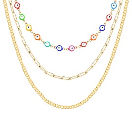 Layered Evil Eye Necklace for Women, 14K Gold Plated Stacked Necklace with Extension Chain + Lobster Clasp