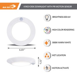 Run Bison Closet Motion Sensor Light, 120V CRI90 10W 3000K Warm White,4 inch Indoor Motion Sensor Light for Kitchen,Garage,Walk-in Closet,Landry Room,Pantry White Finish (4PK)