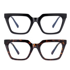 SKYWAY Women's Blue Light Glasses, Pack of 2, Large Blue Light Safety Glasses for Women, Stylish Square Cat Eye Frame with Spring Hinge, Anti-Eye Strain & UV Glare, Black+Tortoiseshell