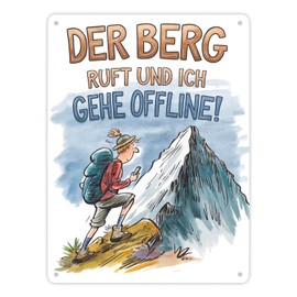 Der Berg ruft Metal Sign XL in 21 x 28 cm Wanderer mit Rucksack Original Tin Sign for Nature Lovers