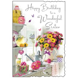 Jonny Javelin Sister Birthday Card - Happy Birthday Card with Flowers and Summer Window Design and Special Finishes - Birthday Cards for Women