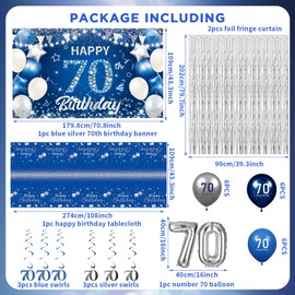 Blue Silver Party Decorations 70th Birthday Decorations 70 Years Old Decor Includes Banner Balloons Tablecloth Number 70 Balloons Hanging Swirls Foil Fringe Curtains for Men Women Party Supplies