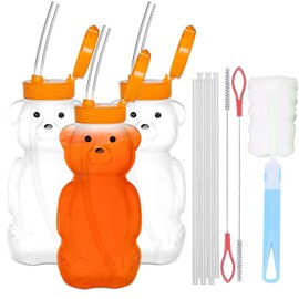 3 Pcs Vaso de oso con popote para bebe, vaso entrenador oso Juego de 12 Piezas, botellas en forma de osito, con cepillo para limpiar paja, grado alimenticio, sin BPA