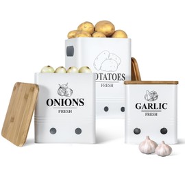 Lemecima Potato Onion Garlic Storage Set of 3 Ventilated Iron Canisters with Bamboo Lids - Potato and Onion Bin for Pantry， Kitchen Vegetable Containers Cute Metal Vegetable Bin Set of 3