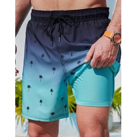 2 Pack: Men's 7" Swim Trunks with Compression Liner, Quick Dry Stretch Swimming Shorts Bathing Suits Swimwear (Set 4, X-Large) Aqua/Black