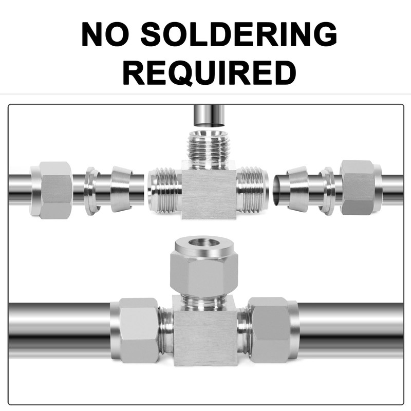 ChillWaves 304 Stainless Steel Tee Compression Tube Fitting, 3/8" OD