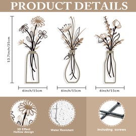 3 Pieces Metal Flowers Wall Arts - Rustic Farmhouse Style Décor Metal Wall Art Black Minimalist Flower Natural Themed Wall Decors for Home Bedroom Dining Room Housewarming (Brown)