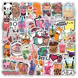 50 Pieces Cartoon Drinks Stickers, Trendy Summer Bubble Milk Tea Flavored Drink Animal Stickers Pack, Cute Vinyl Waterproof Decals for Kids Teens, Party Favors for Water Bottle Laptop Phone