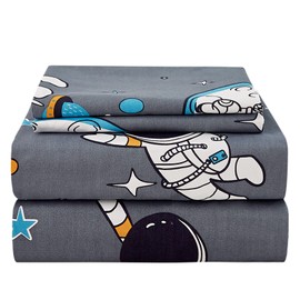 JSD Grey Astronaut Kids Sheet Set Full Size, 4 Piece Boys Space Adventure Printed Microfiber Sheets Deep Pocket