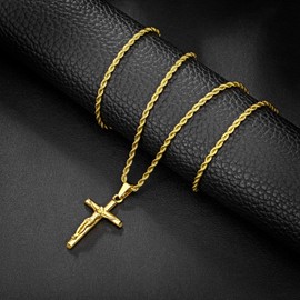 Speroto Jesus Cross Necklace for Men, Silver and Gold Mens Carved Jesus Cross Pendant with Wheat Chain, Simple Jewelry Gift for Men Women (rope chain-gold, 20 inch)