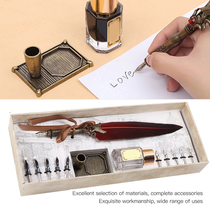 Feather Pen Set Vintage Creativity Ink Carving Writing Suit for