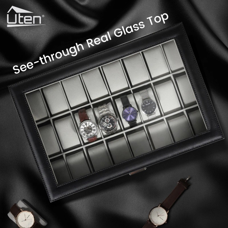 UTEN 24 Slots Watch Box Large PU Leather Jewelry Organizer