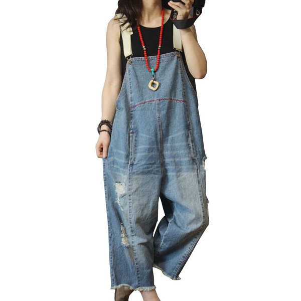 YESNO Women Casual Loose Cropped Denim Jumpsuits Rompers 90s Jeans Overalls Distressed Ripped Fringed/Pockets S P49 Blue