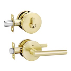 goldenwarm Exterior Gold Door Handle with Deadbolt, Single Cylinder Deadbolt and Door Handle Set,Brushed Gold Front Door Lock Set,1 Pack