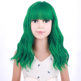 PATTNIUM Kids Wig Green Wig for Kids Green Child Wig with Bangs Short Wavy Green Wig for Girls Shoulder Length Wig Heat Resistant Synthetic Wig with Wig Cap