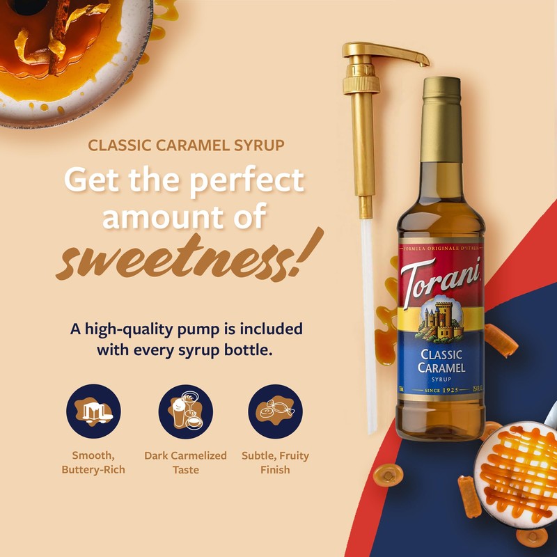 Torani Coffee Syrup, Classic Caramel Flavored Syrup for Drinks, Pump