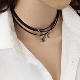 Yheakne Boho Black Layered Star Moon Choker Necklace Gold Sun Pendant Necklace Vintage Suede Choker Gothic Retro Leather Necklace Chain Jewellery for Women and Girls Gifts Pack of 3