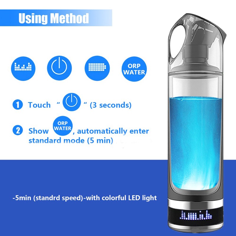 Portable 500ml Hydrogen Rich Water Bottle Alkaline Generator LED Healthy
