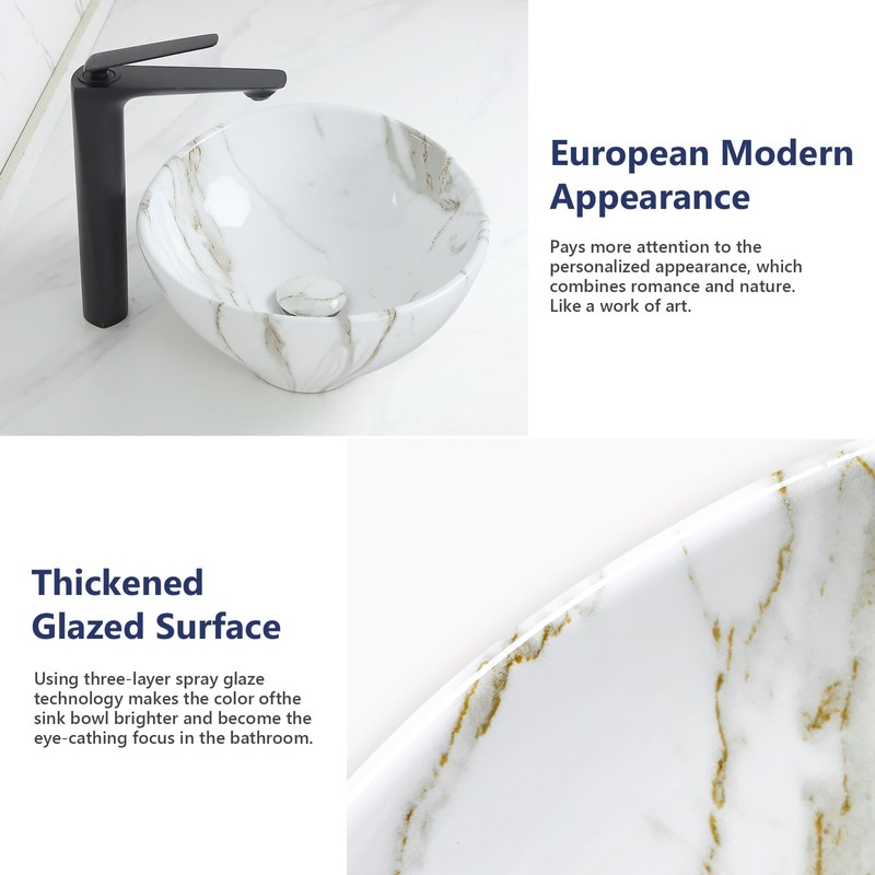 Davivy 16.3"x13.4" White Marbling Bathroom Vessel Sink with Pop Up