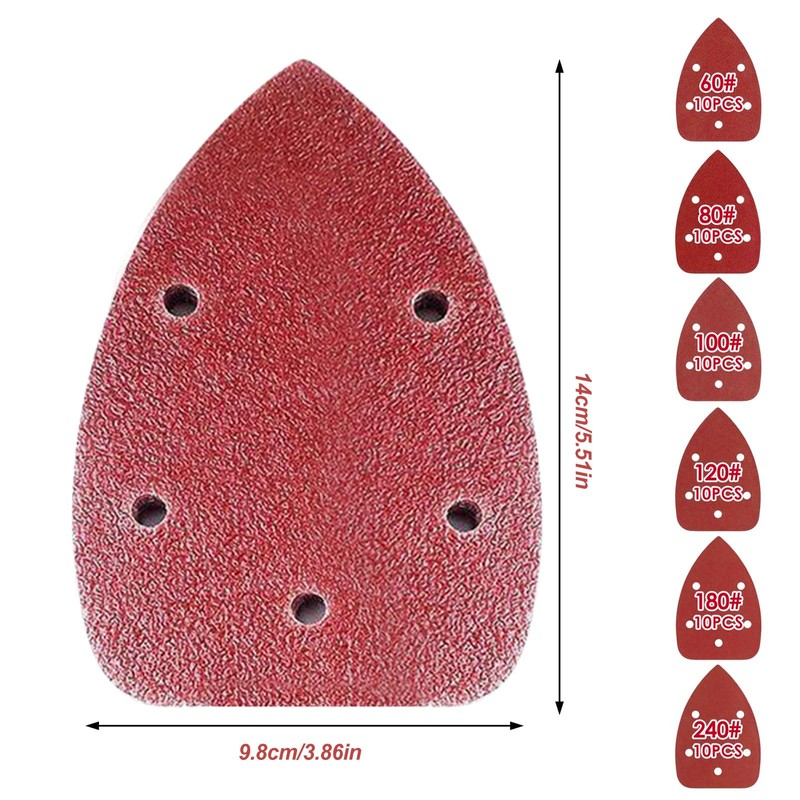 60 PCS Mouse Detail Sander Pads, 5 Holes Triangle Sandpaper,