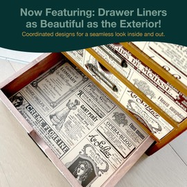 4-Drawer Vintage Ephemera Pattern Desktop Organizer - Arts and Craft Newspaper Design Desk Storage Cabinet - Ephemera Wood Shelf Drawers with Label Holders - Scrapbook Collecting