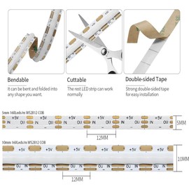Xnbada 160LEDs/m 3.2FT WS2812B WS2812 COB LED Strip,DC5V 10mm Width Individually Addressable Dream Color Flexible Smart Light Tape for Bedroom,Kitchen,Stage,TV Backlight(No Adapter or Controller)