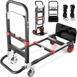 Upgraded Version 3 in 1 Convertible Hand Truck Dolly, 600 Lbs Capacity Heavy Duty Dolly Cart, Foldable Hand Truck with Brake Wheels, Anti-Slip Strip & 2 Elastic Ropes for Office Home Warehouse