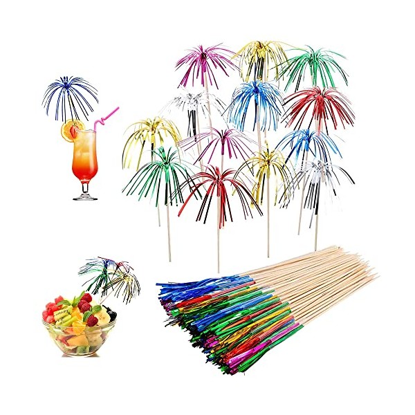 SINGH 100 Piece Fireworks Cocktail Sticks Foil Palm Tree Picks Decoration Cocktail with Wooden Sticks Use for Birthday Wedding Christmas Party Drinks Accessory Pack (Mixed Colors)