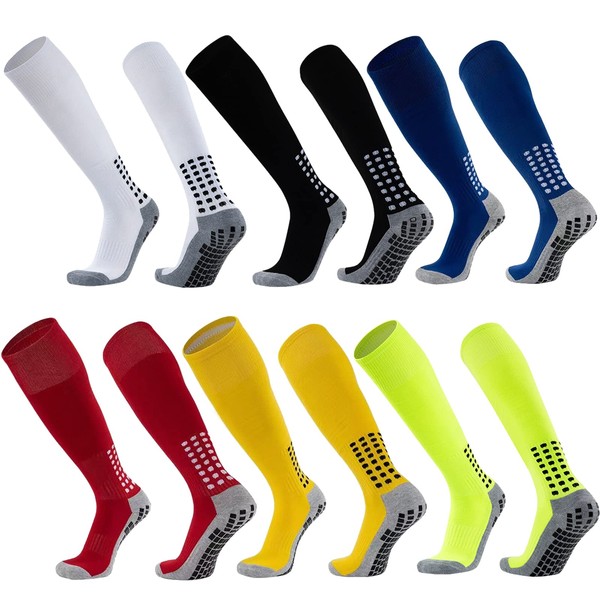 Vegove 6 Pairs Men's Soccer Sock with Grip, Non Slip Sports Socks, Knee High Compression Base Football Basketball Socks (Colorful Set)