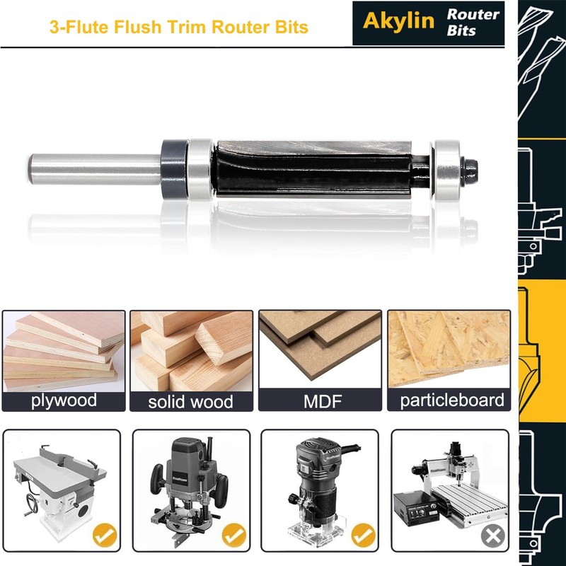 Akylin Flush Trim Router Bits 1/4 Inch Shank - Top