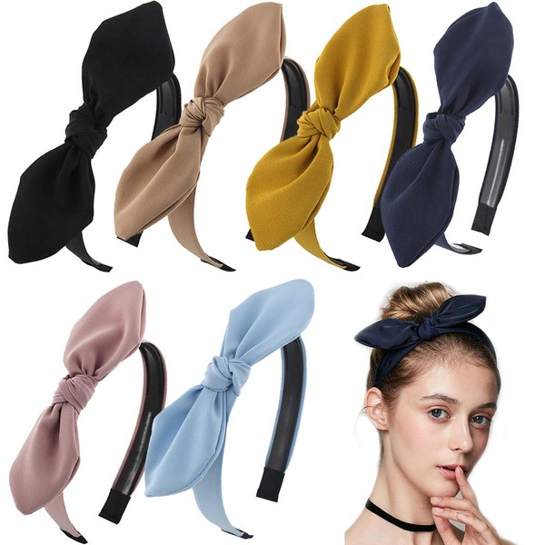 Carede Solid Bow Headbands for Women Twist Knot Headbands Wired Rabbit ears Plastic Headbands with Teeth Elastic Cloth Bowknot Headwrap Hair Accessory,Pack of 6