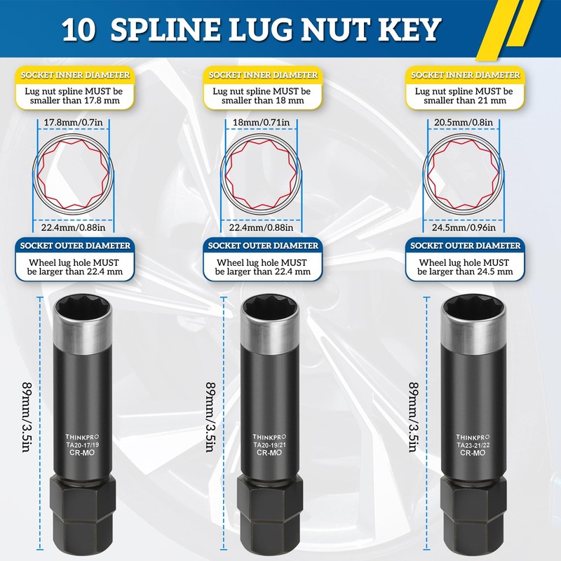 Thinkpro 10 Spline Lug Nut Socket,3 Pieces Nut Socket Compatible