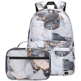 Sugaroom Lightweight Water Resistant Marble Prints Backpacks for Girls School Backpack with Lunch Bag Bookbags Set