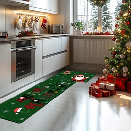 Mocsicka Christmas Kitchen Rug Set of 2, Christmas Santa Claus Deer Non Slip Kitchen Mats for Floor, Christmas Holiday Home Decor Kitchen Floor Rugs for Hallway Laundry Room, 17"x30"+17"x47" (Green)
