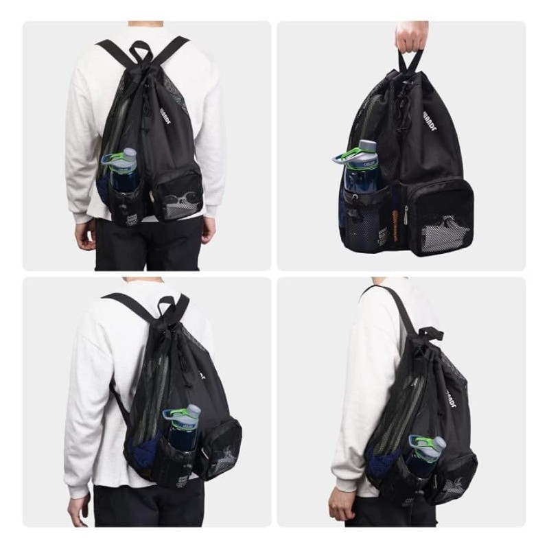 Swim Bag Mesh Drawstring Backpack with Wet Pocket for Swimming,