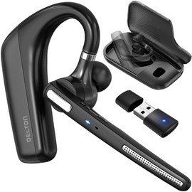 Ultralight Bluetooth Headset with Noise Cancelling Microphone, Bluetooth Earpiece with Charging Case, Auto Pair USB Dongle for PC/Laptop, Compatible with MS Teams, Zoom, Google Meet, and More - Black